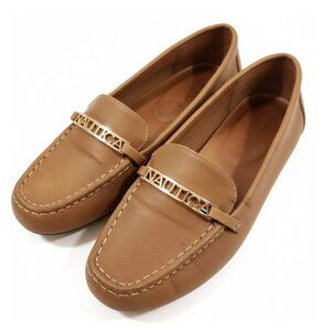 Nautica Women's Tan Leather Loafers with Gold Logo Hardware